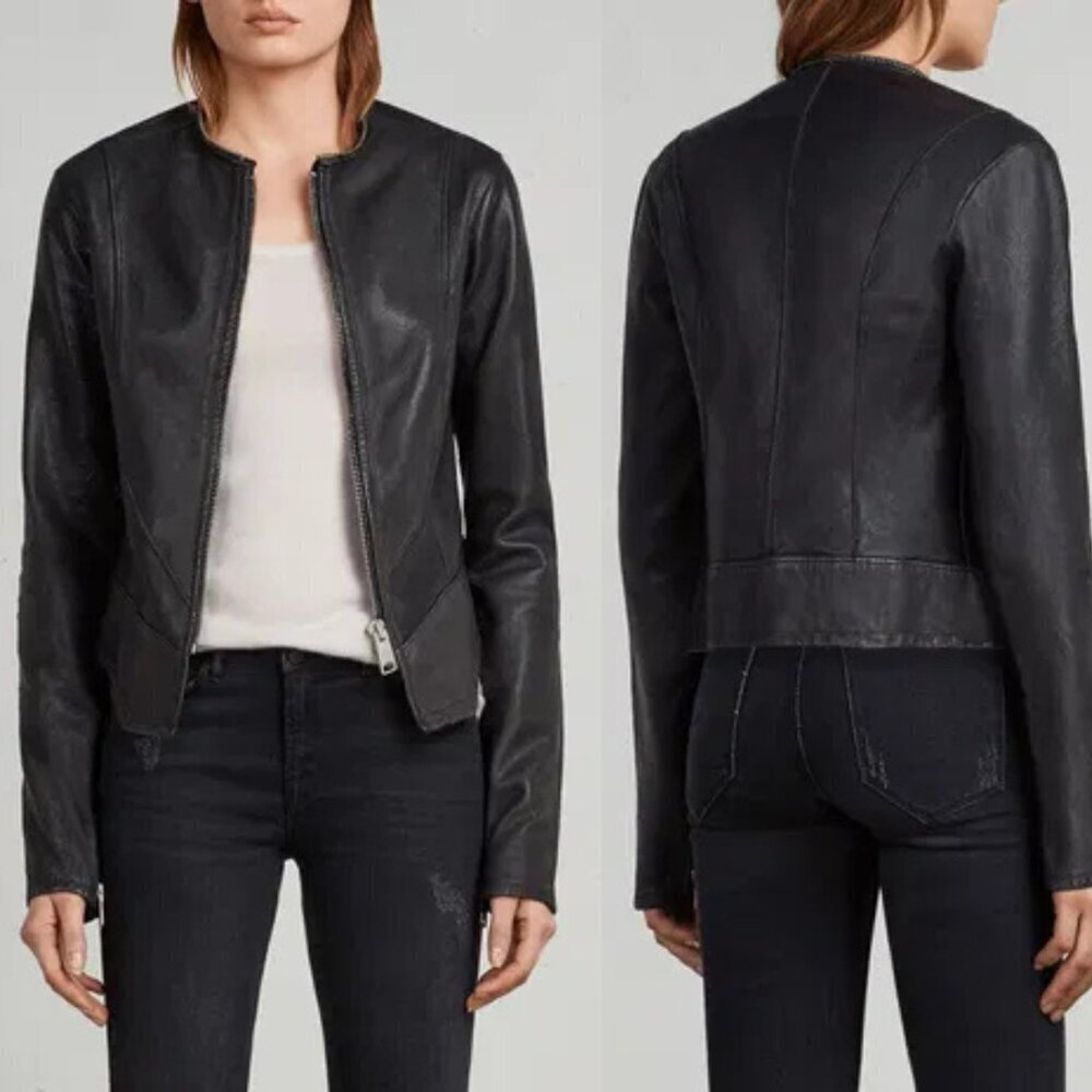 AllSaints Calle Black Leather Full Zip Blazer Jacket 4515